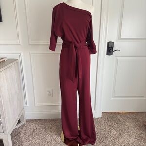 Burgundy Dressy Jumpsuits for Women - Loose, Off-Shoulder, Elastic Waist Small